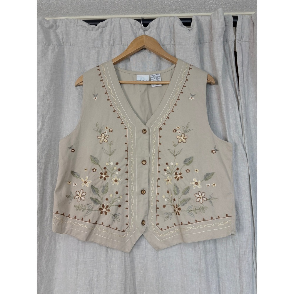 Bobbie Brooks Floral Embroidered Cotton Vest Beige Boho Button Front Medium 8/10